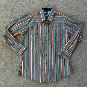 Roper Western Shirt Mens 16.5 35 Gray Stripe Pearl Snap USA Long Sleeve